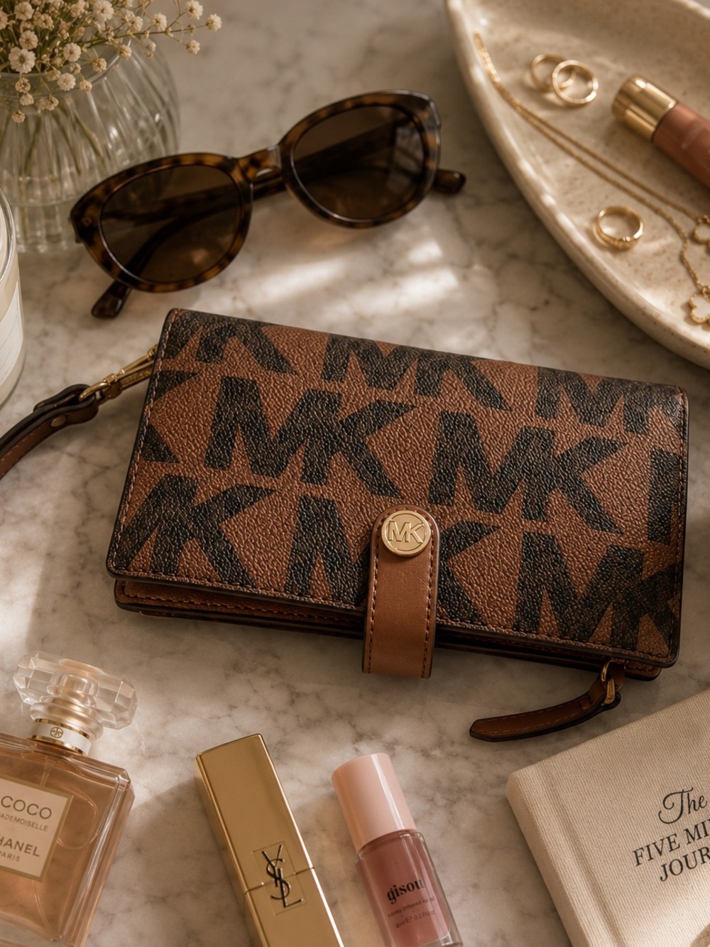 Michael Kors Brown and Black MK Logo Large Wristlet Clutch